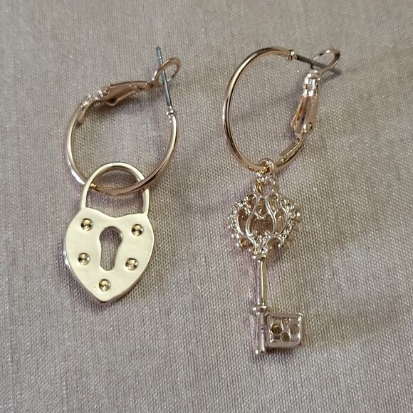 Dainty Heart Lock & Key Gold Tone Hoop Earrings - Picture 2 of 5